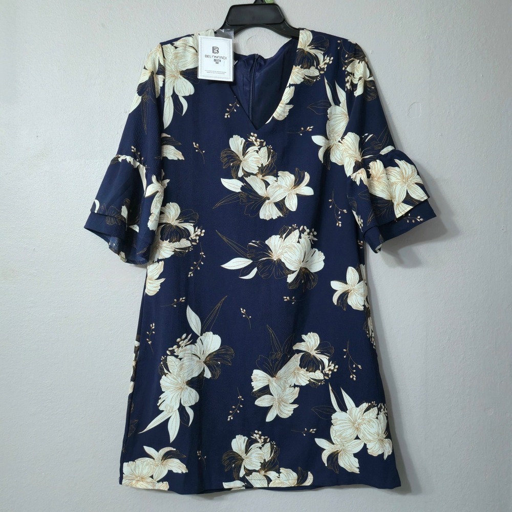 Belongsci Womens Navy Blue Floral V-Neck Tiered Bell Sleeve Shift Dress 8817 M